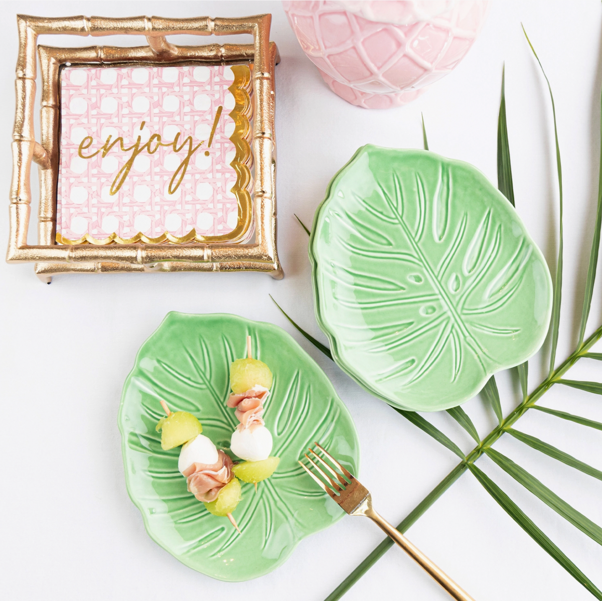 Gold Bamboo Cocktail Napkin Tray with Mirror Base