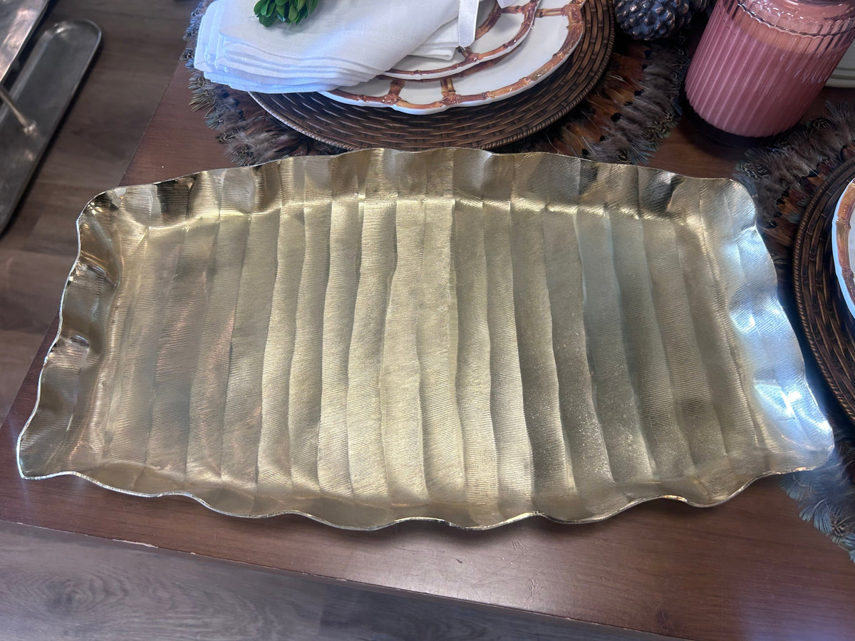 Decorative Aluminum Scalloped Tray with Debossed Lines - Gold