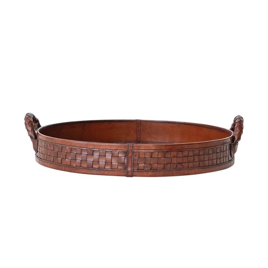 Round Woven Leather Tray with Handles