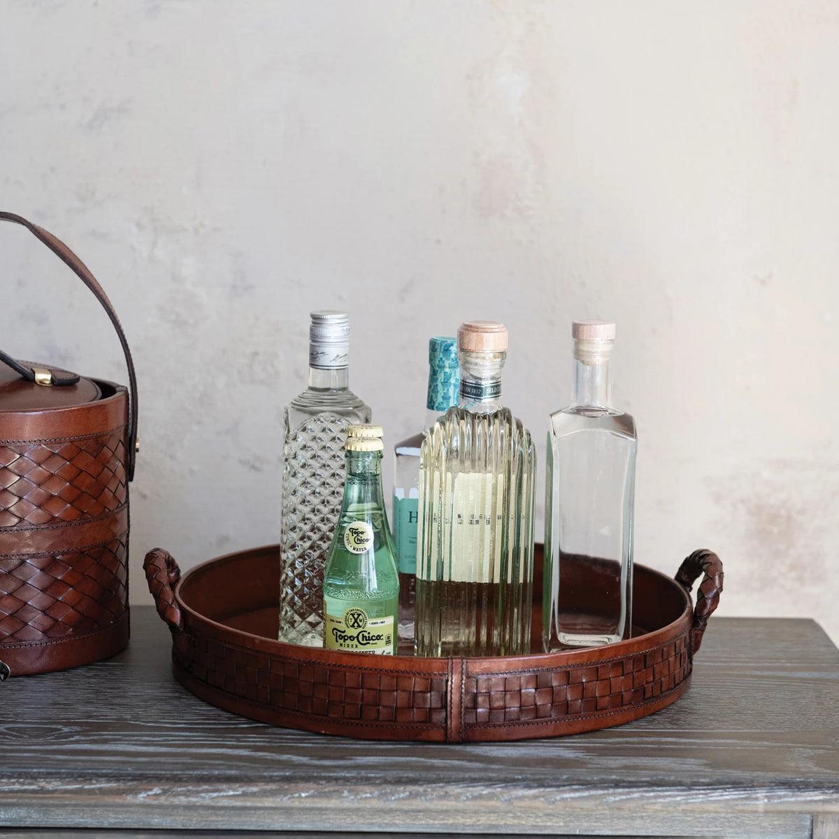 Round Woven Leather Tray with Handles